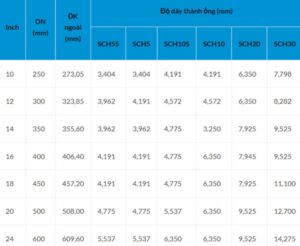 Bảng tra kích thước của ống thép từ DN250 - DN600