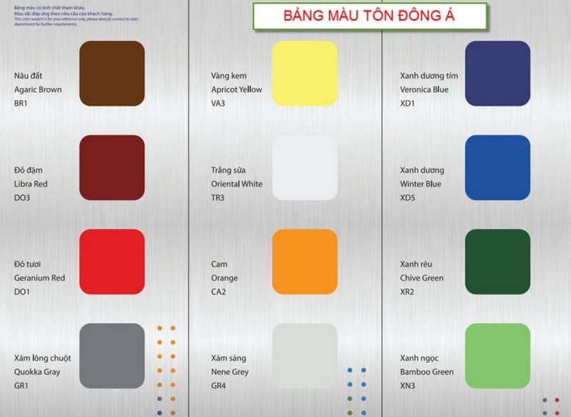Các nhóm màu phổ biến trong bảng màu tôn Đông Á